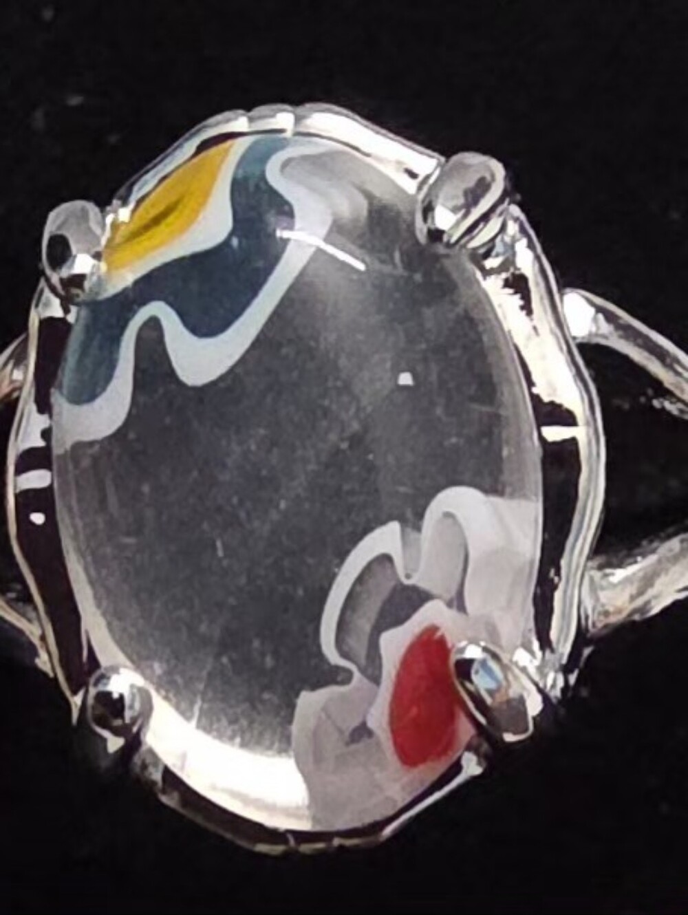 Silver Clear Glass Cabochon Ring with Multi-Color Accents